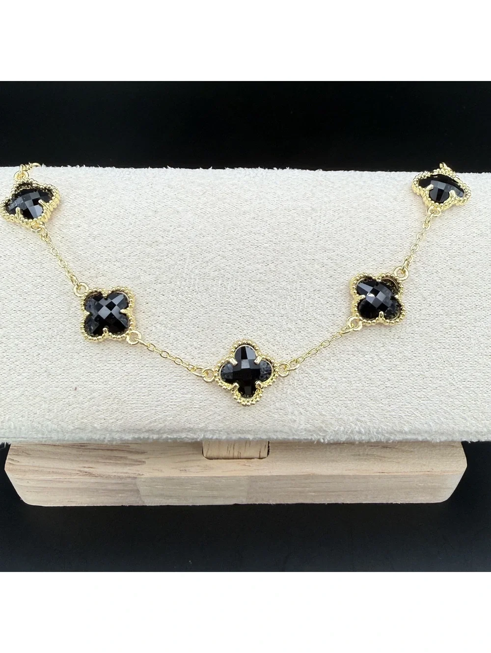 candy+clover black crystal clover gold tone station bracelet